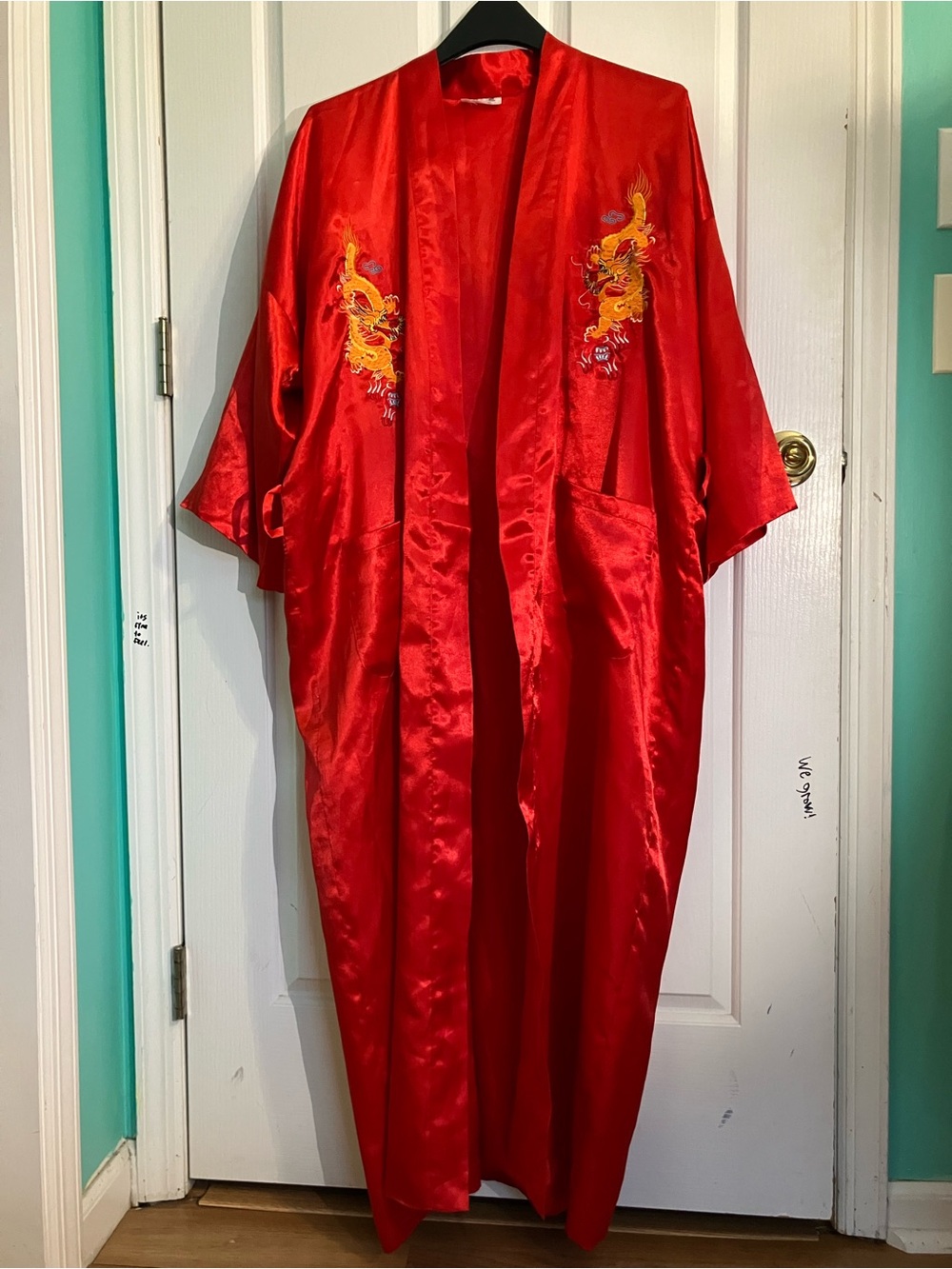 Red Silk Kimono with Embroidered Dragons